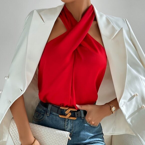 Red Casual Women's Solid Cross Front Backless Halter Top - Picture 4 of 6